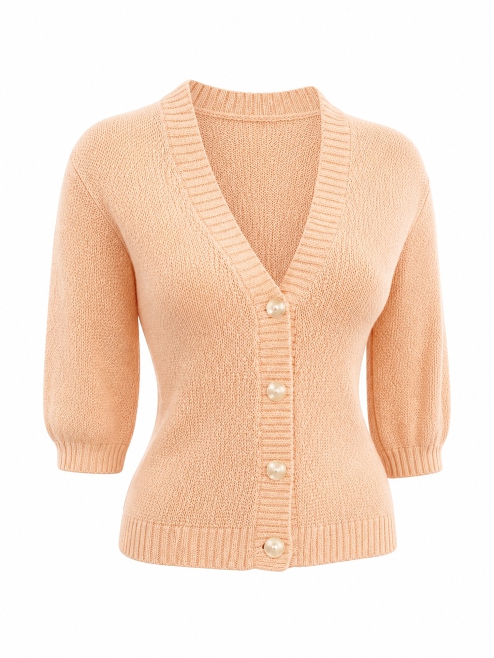 LOFT Peach Short-Sleeve V-Neck Cardigan with Pearl Buttons